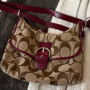Coach Tan and Red Signature Shoulder Bag